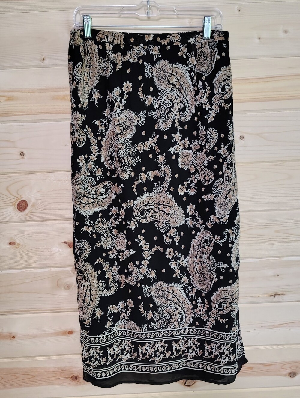 JM Collection Petite Maxi Skirt 12P Black Tan Paisley Side Splits